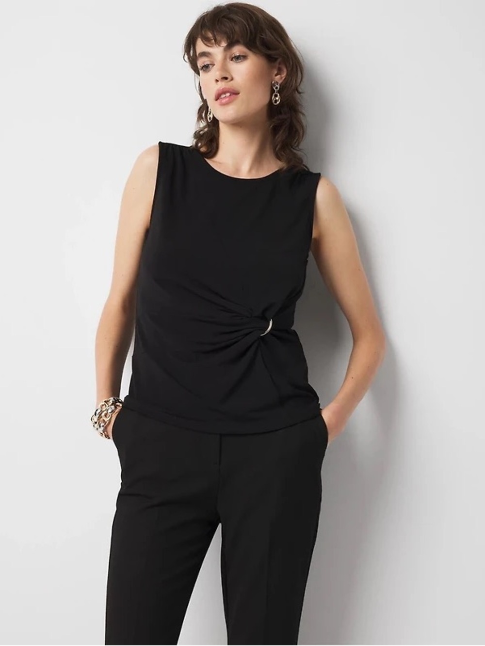 NWT WHBM Black Ring Detail Ruched Sleeveless Tank Top Size L Elegant Chic